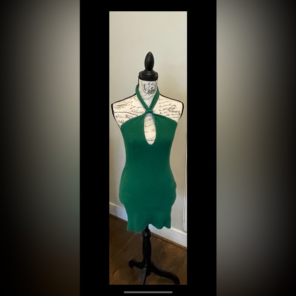 Green Ribbed Knit Crossover Halter Bodycon Mini Dress Women's Small AJ Luxury - Picture 9 of 9